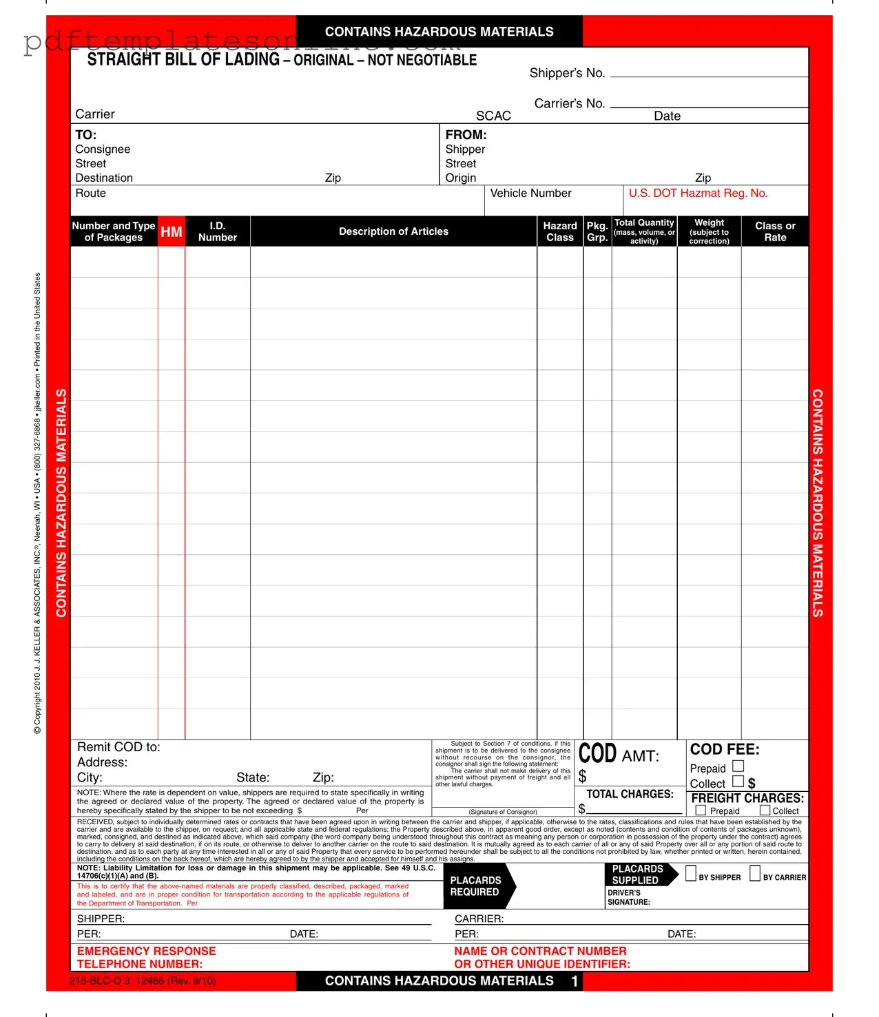 Blank Hazard Bill Of Ladden Form