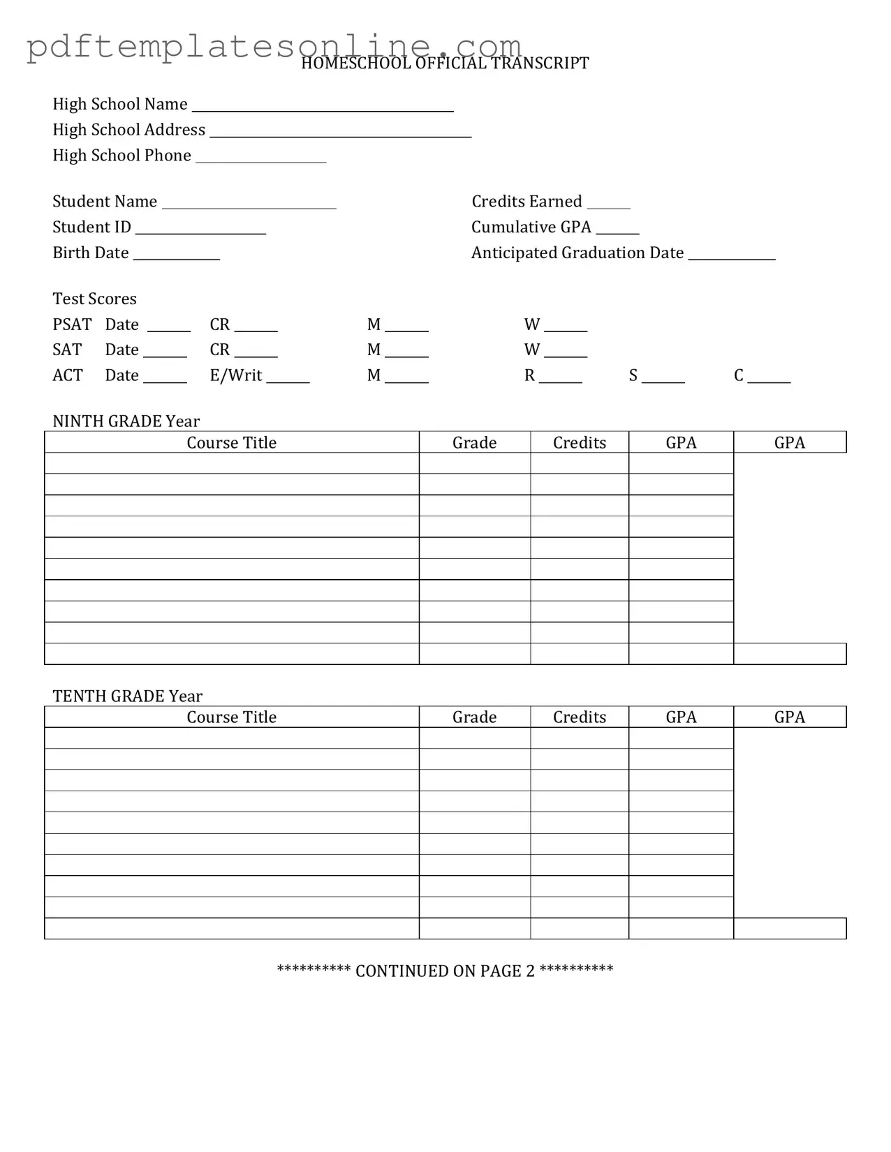 Blank High School Transcript Form