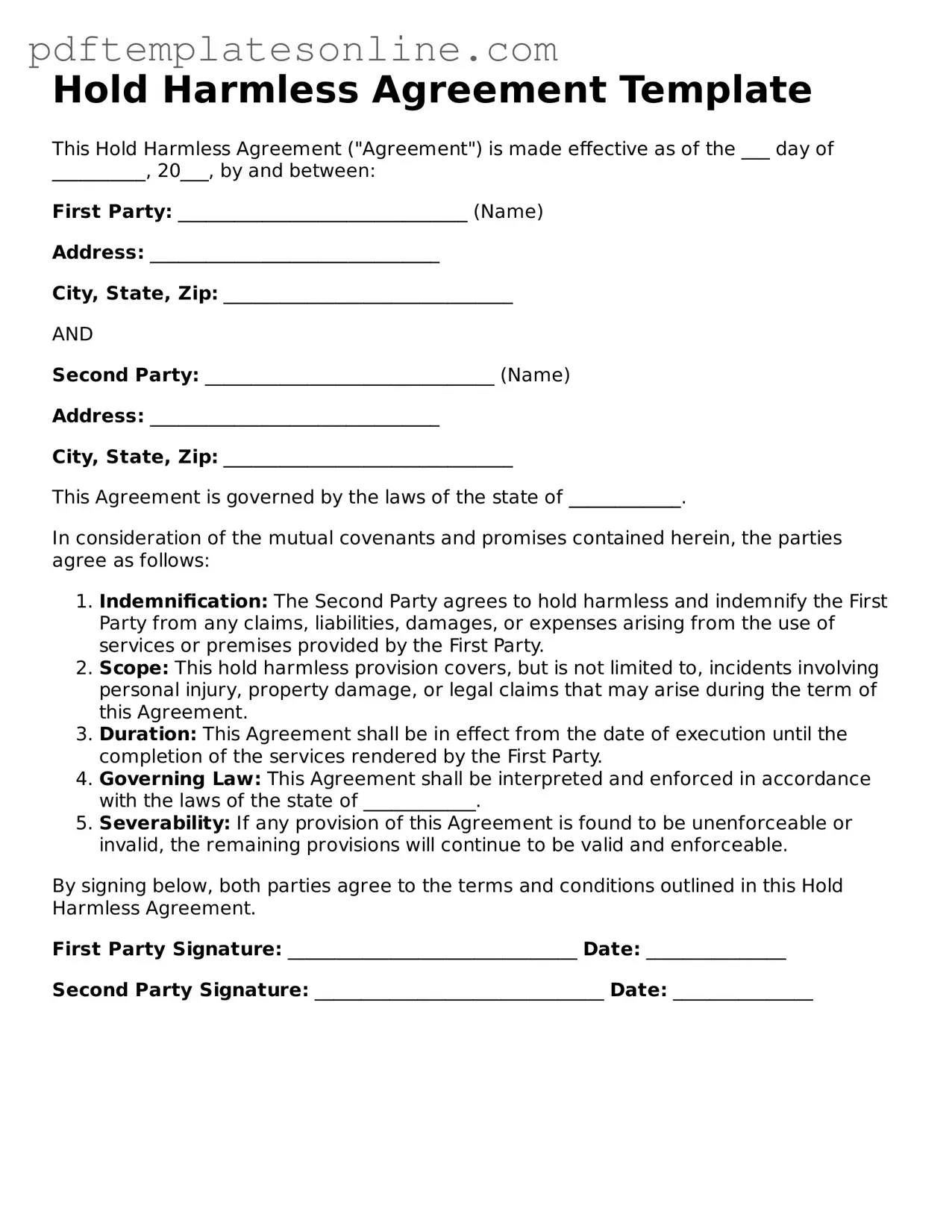 Fillable Hold Harmless Agreement Document