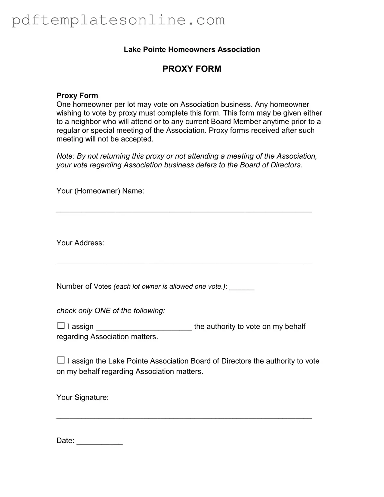Blank Homeowners Association Proxy Form