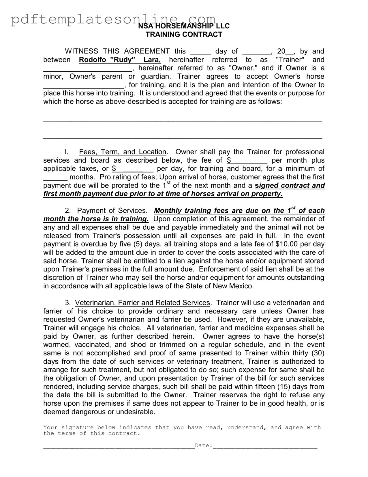 Blank Horse Training Contract Form