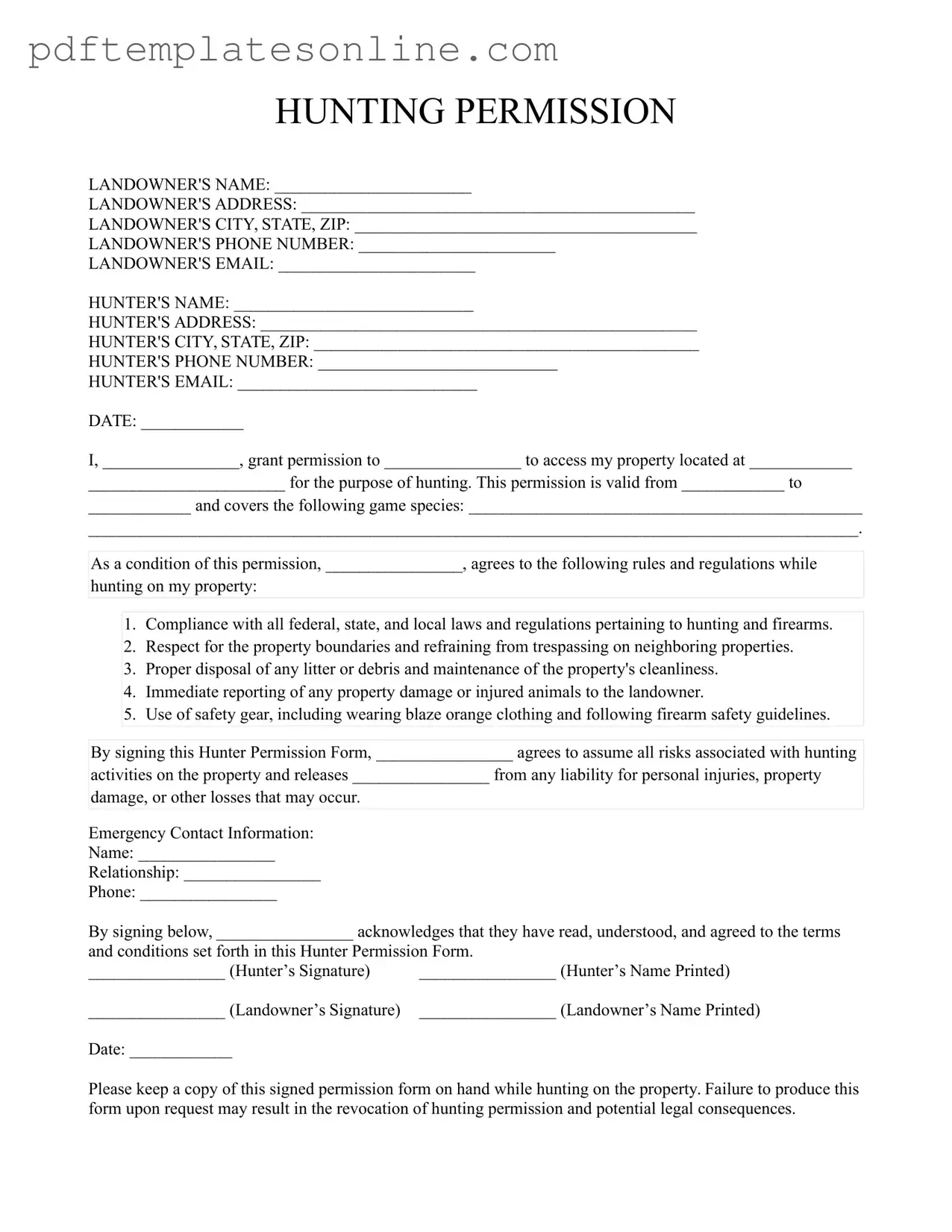 Blank Hunter Permission Form