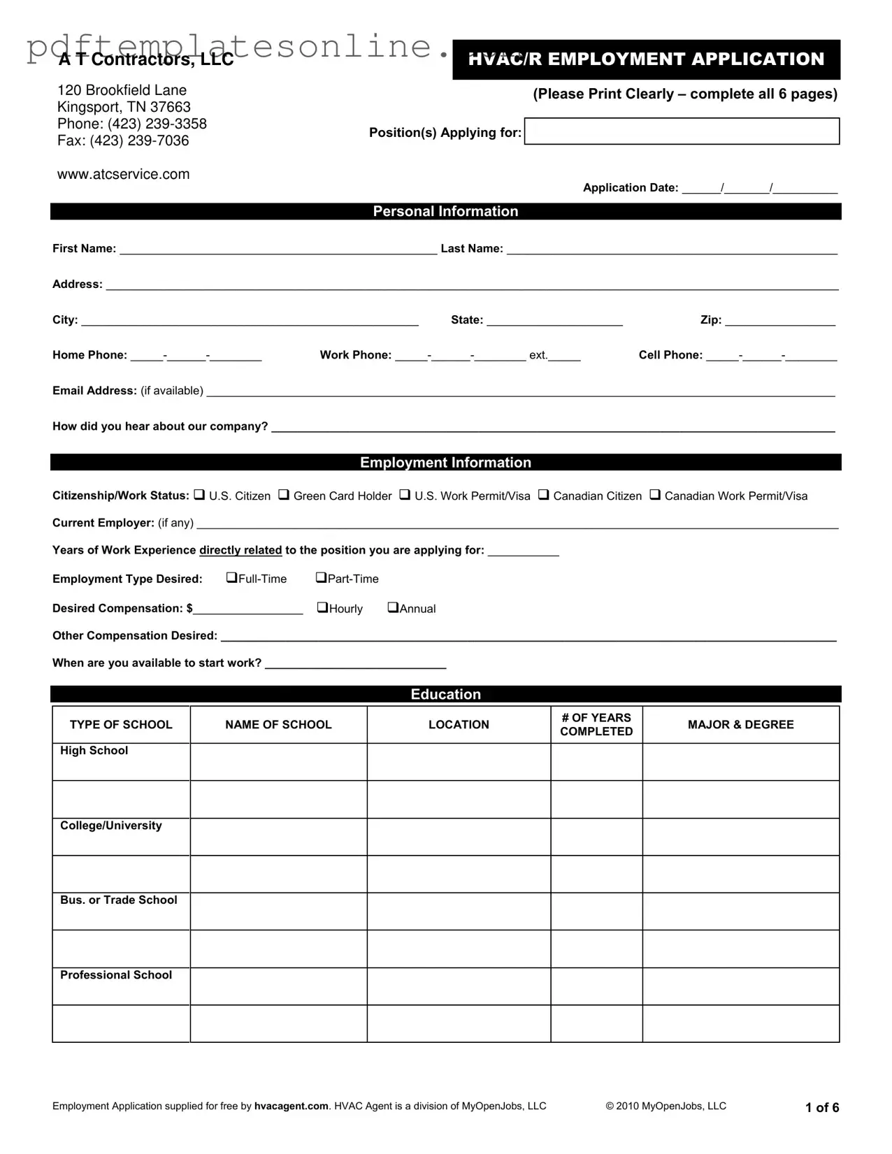 Blank Hvac Job Application Form