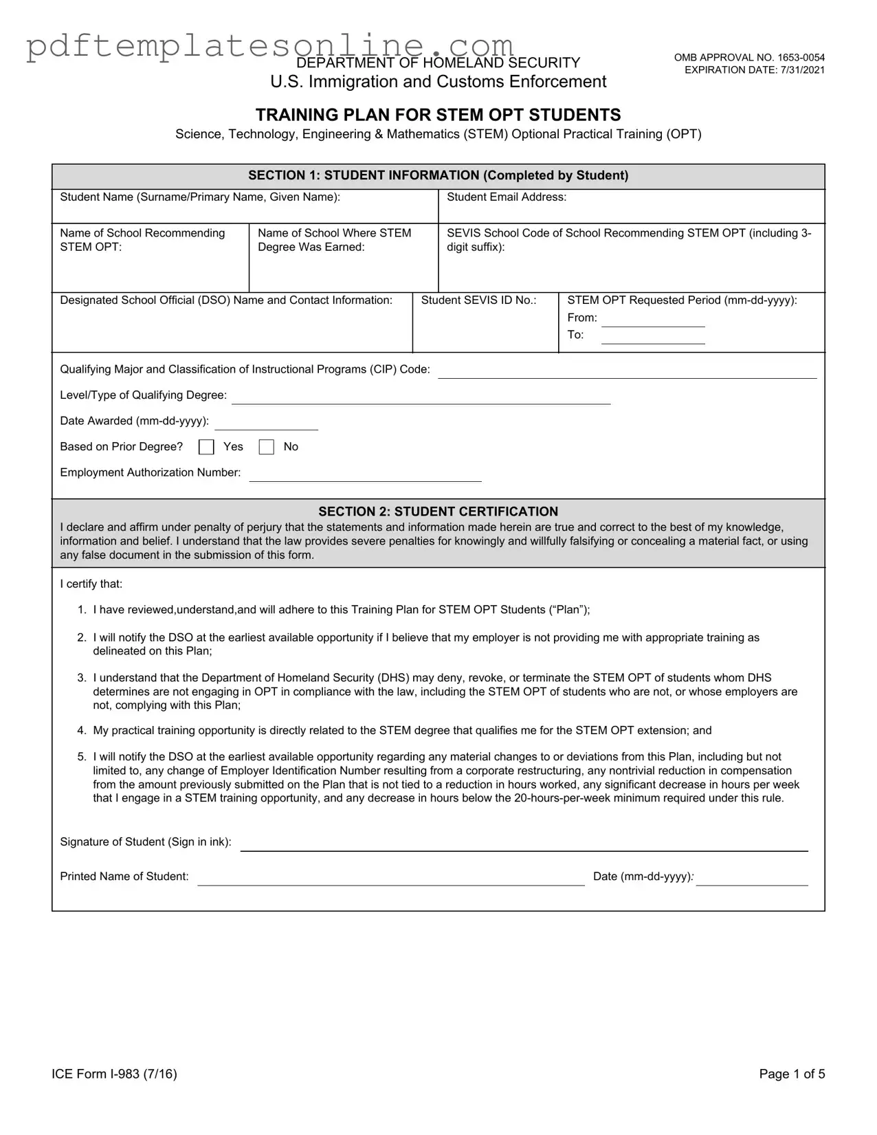 Blank ICE I-983 Form