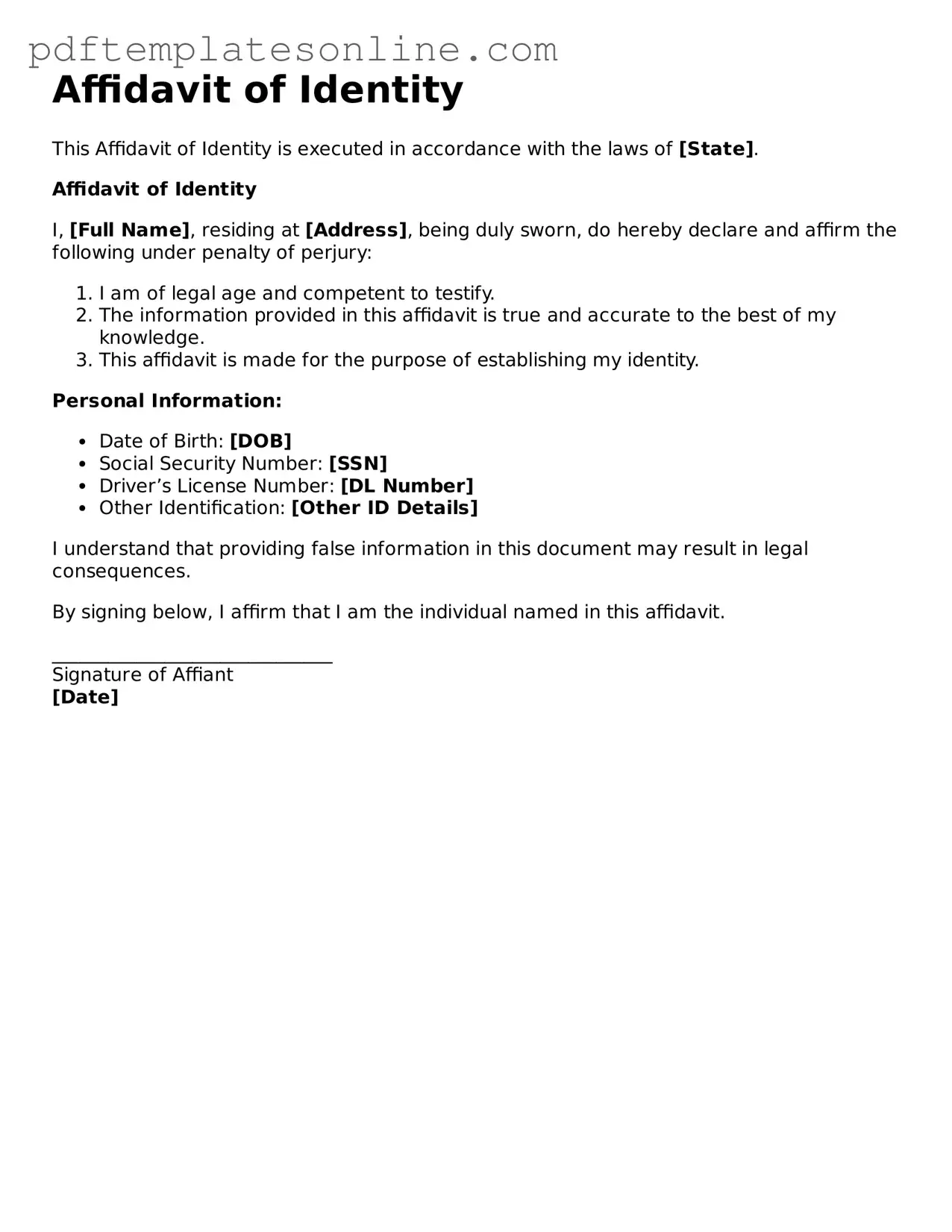 Fillable Affidavit of Identity Document