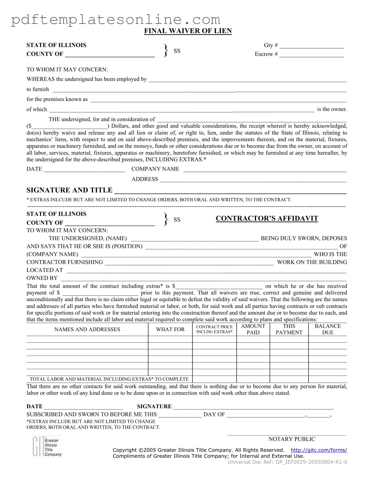 Blank Illinois Final Waiver Of Lien Form