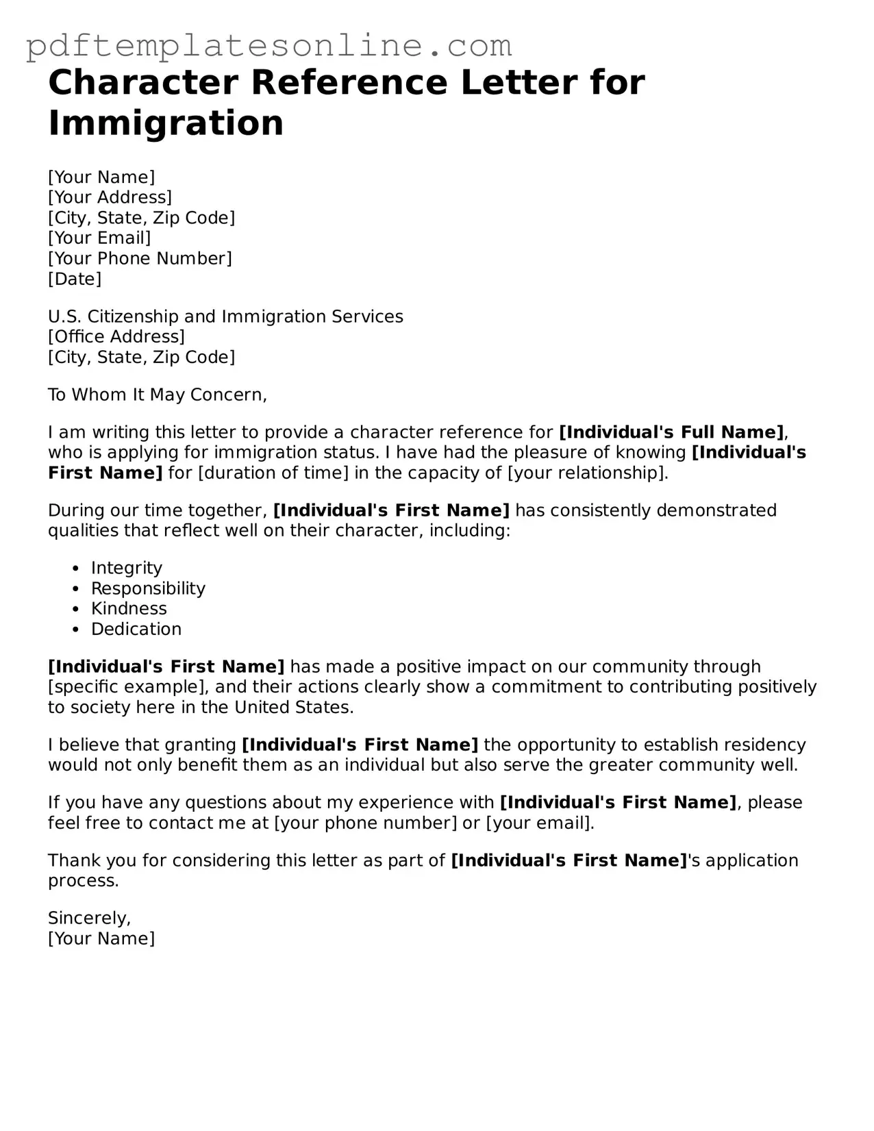 Fillable Character Reference Letter for Immigration Document