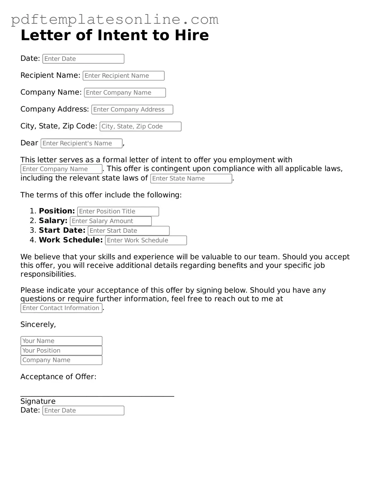 Fillable Letter of Intent to Hire Document