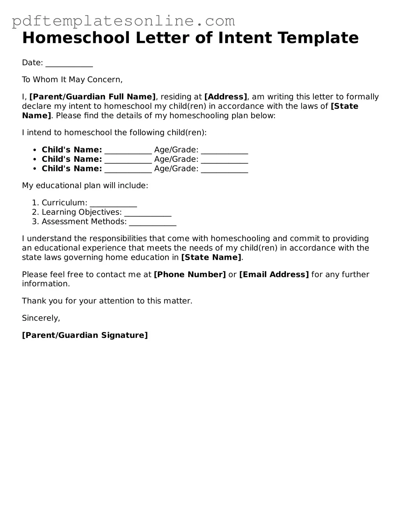 Fillable Homeschool Letter of Intent Document