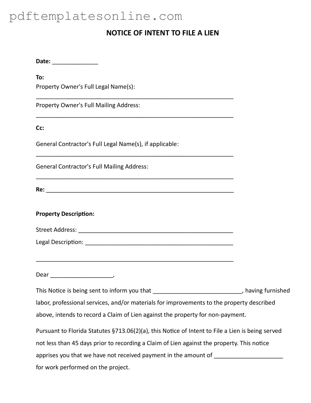Blank Intent To Lien Florida Form