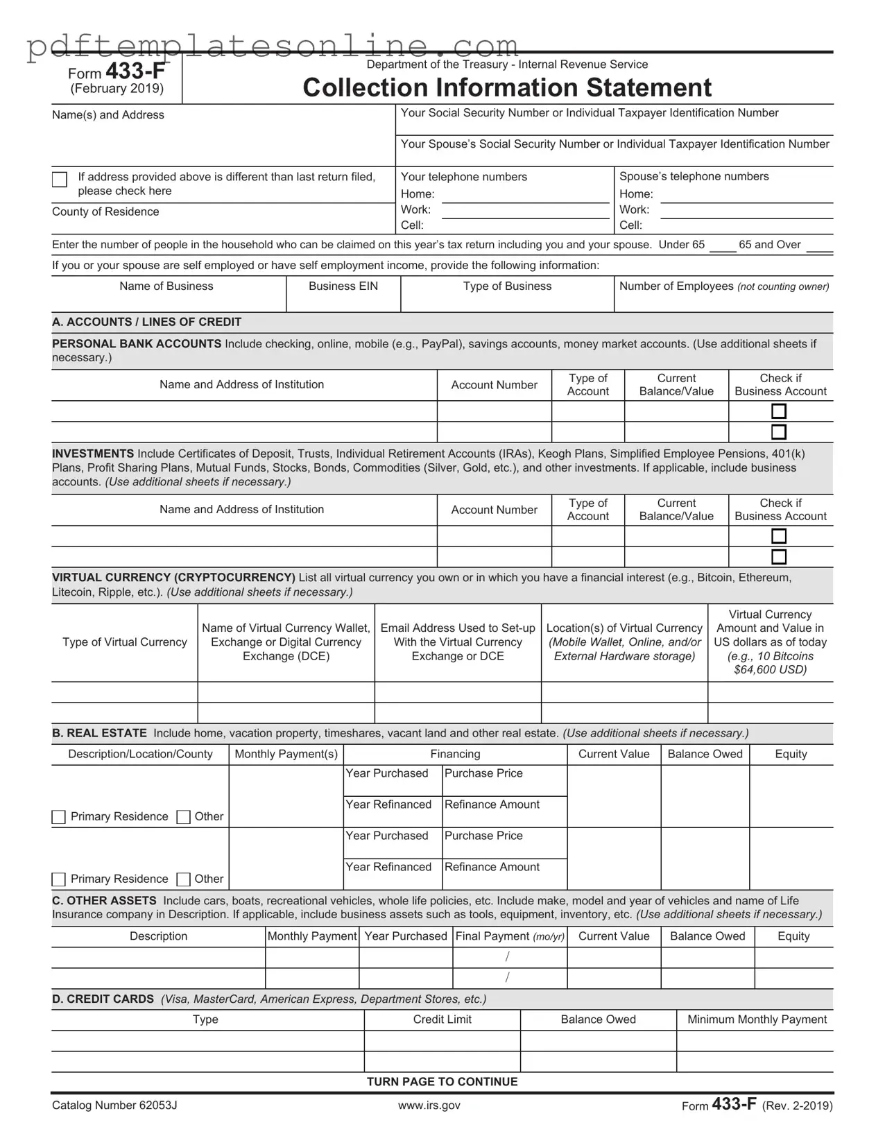 Blank IRS 433-F Form