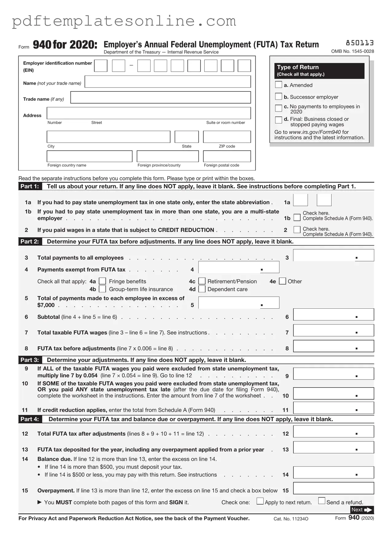 Blank IRS 940 Form