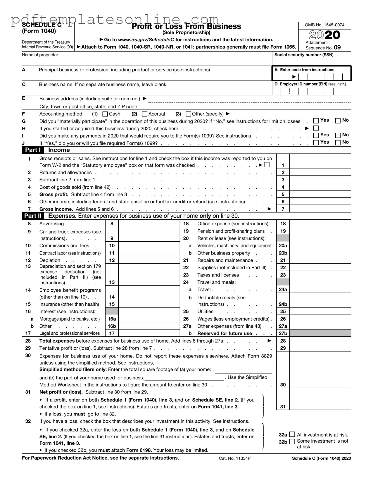 Blank IRS Schedule C 1040 Form