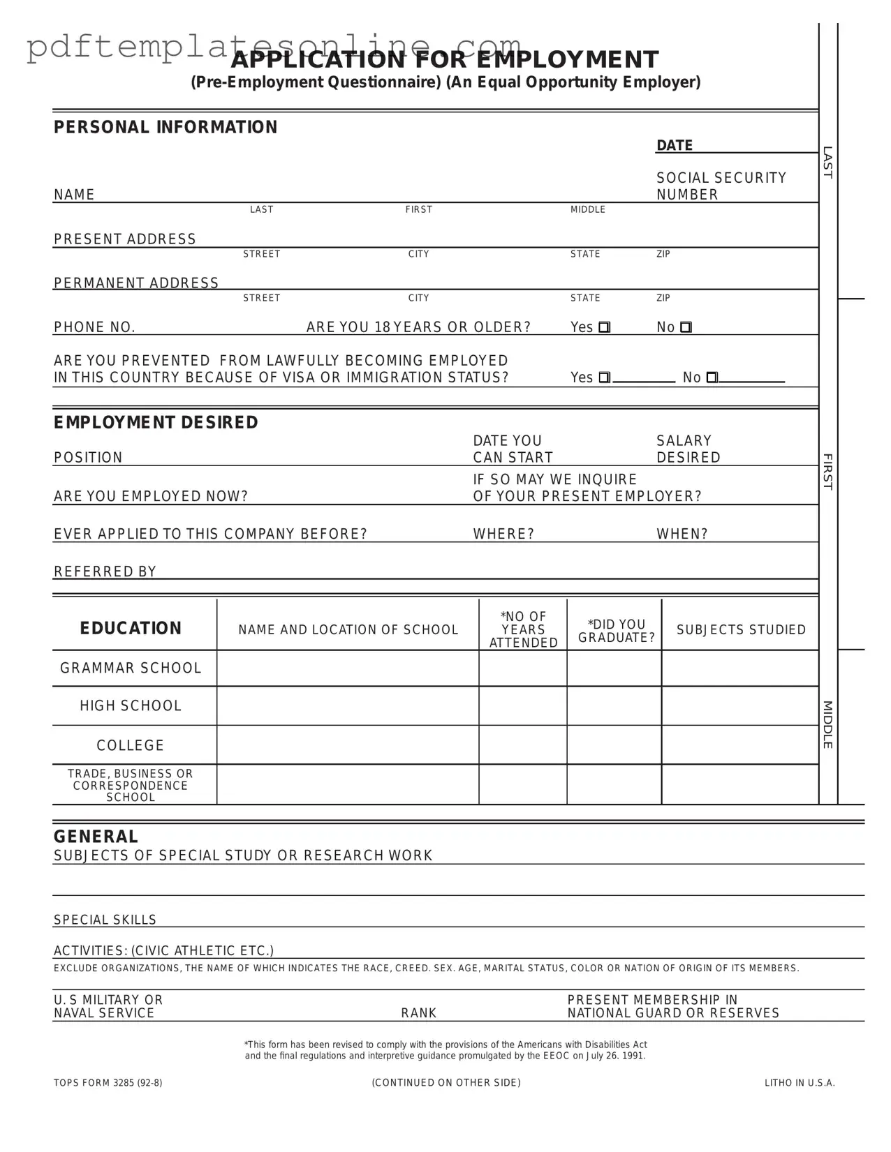 Blank Employment Application Pdf Form