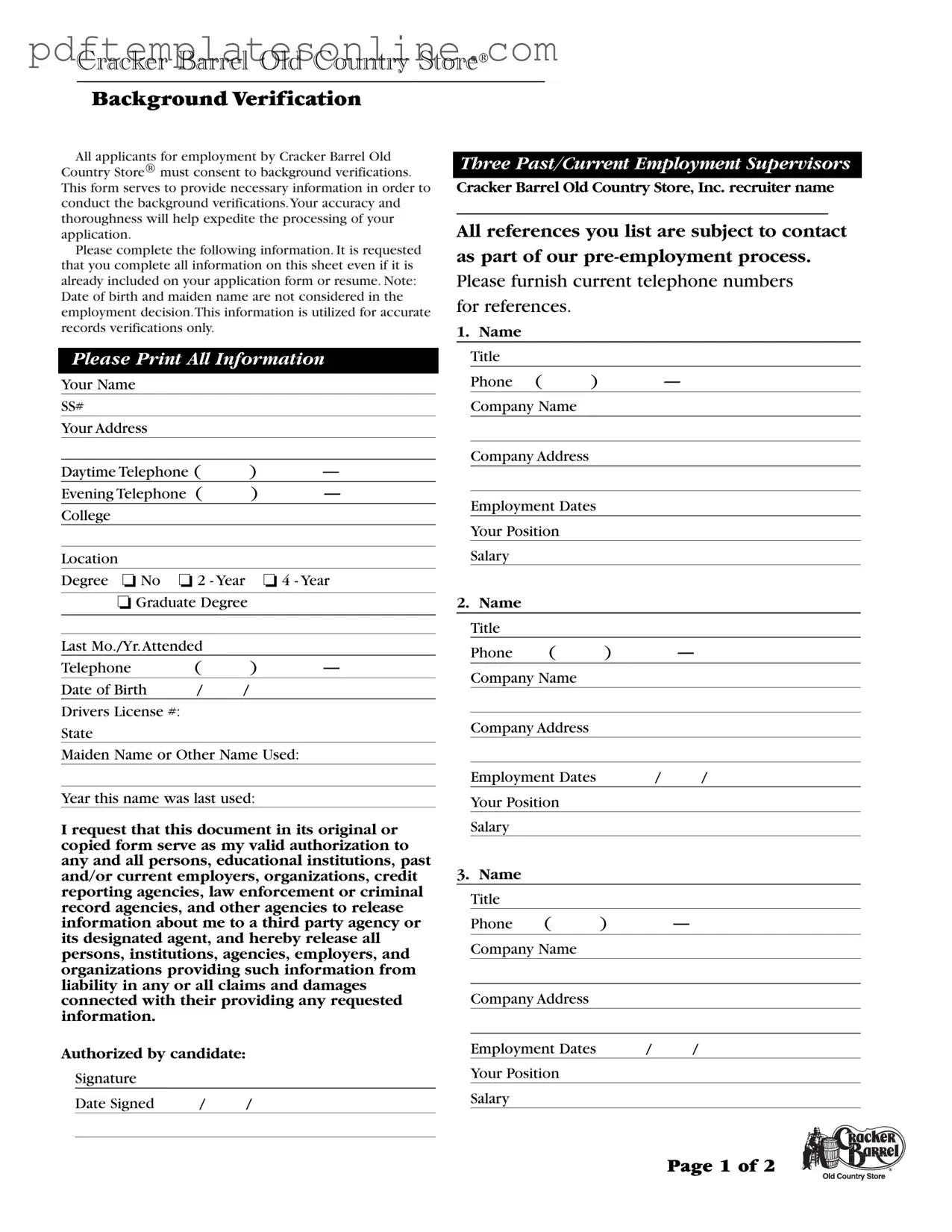 Blank Cracker Barrel Background Check Form