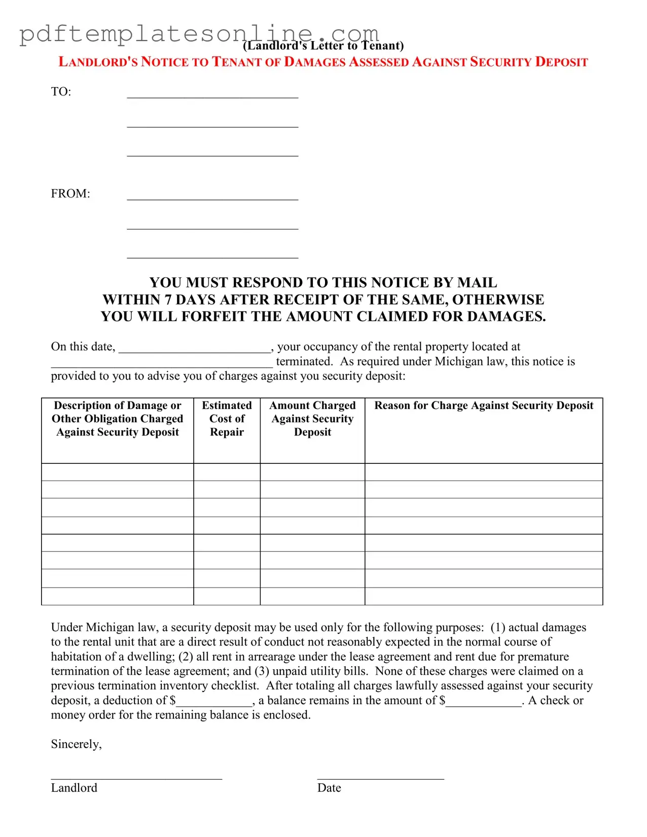 Blank Landlord Damages Letter Form