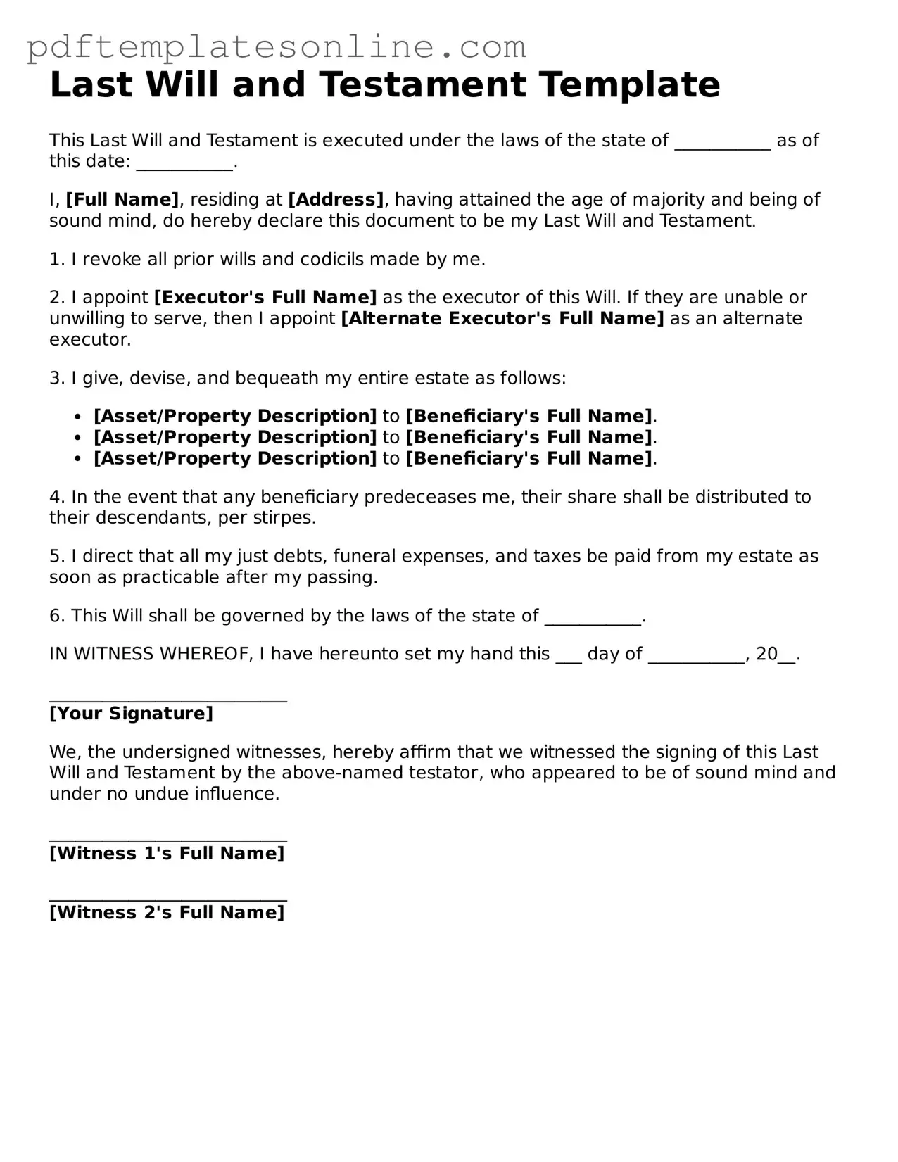 Fillable Last Will and Testament Document