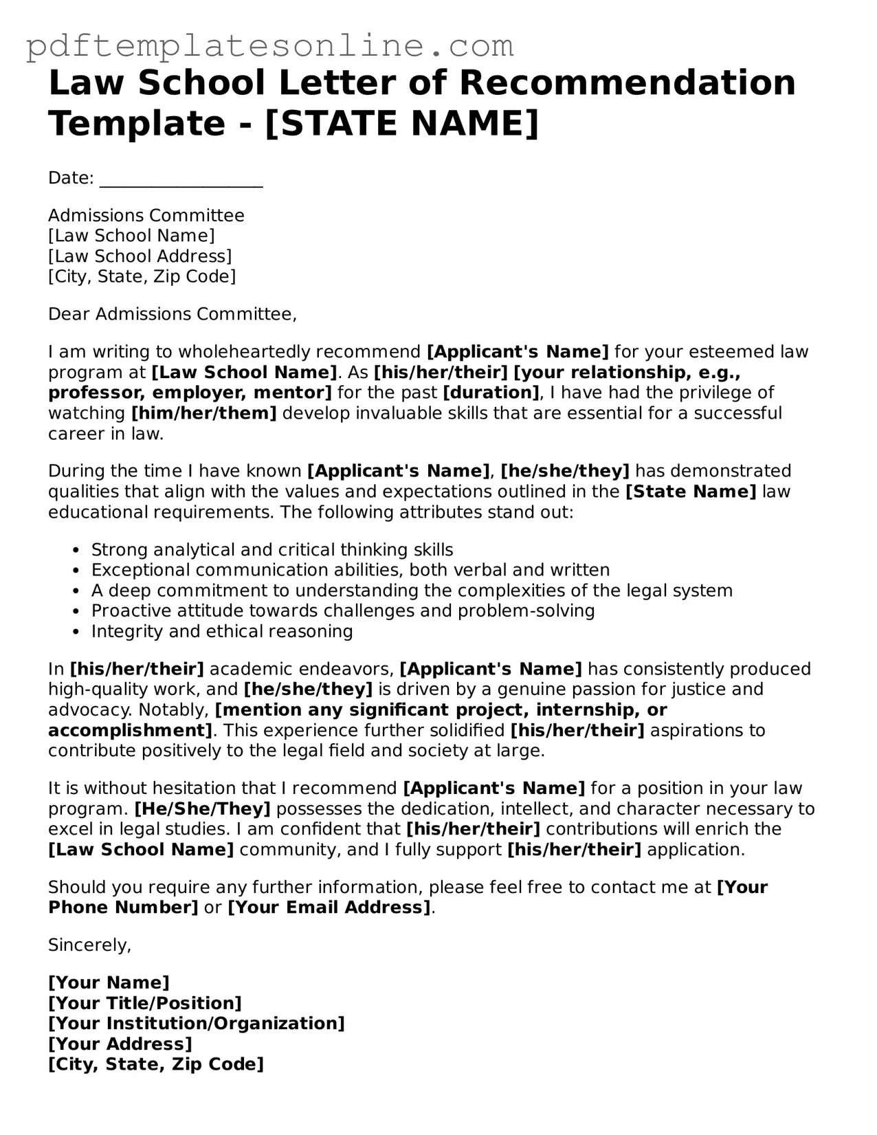 Fillable Law School Letter of Recommendation Document