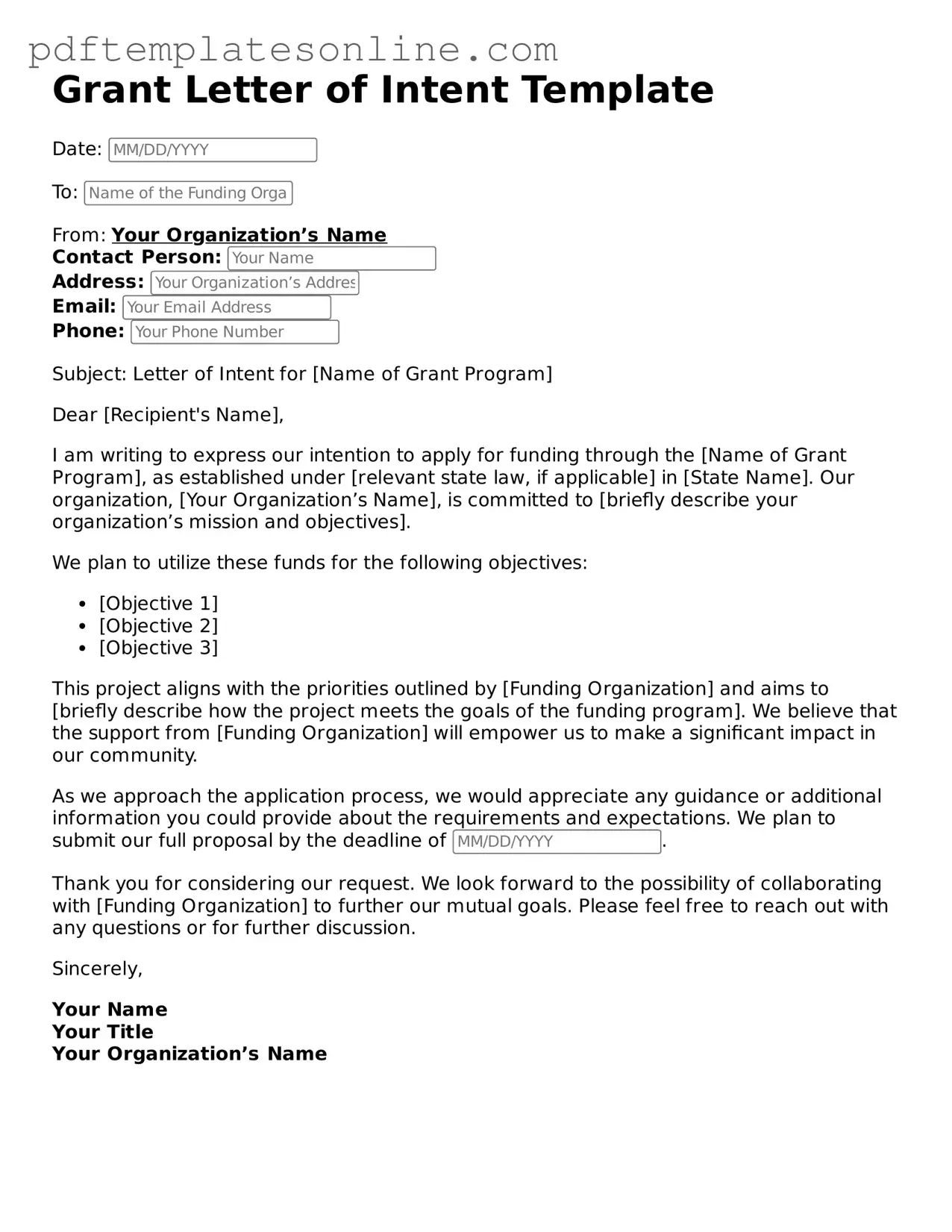 Fillable Grant Letter of Intent Document