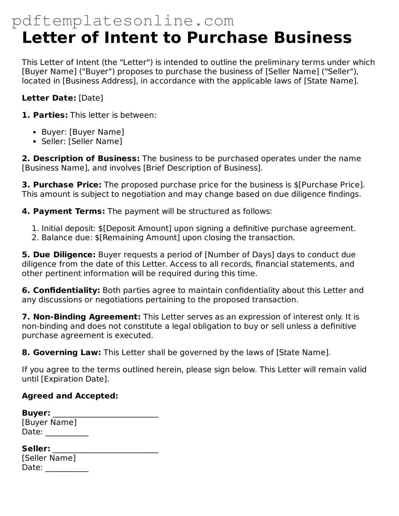 Fillable Letter of Intent to Purchase Business Document
