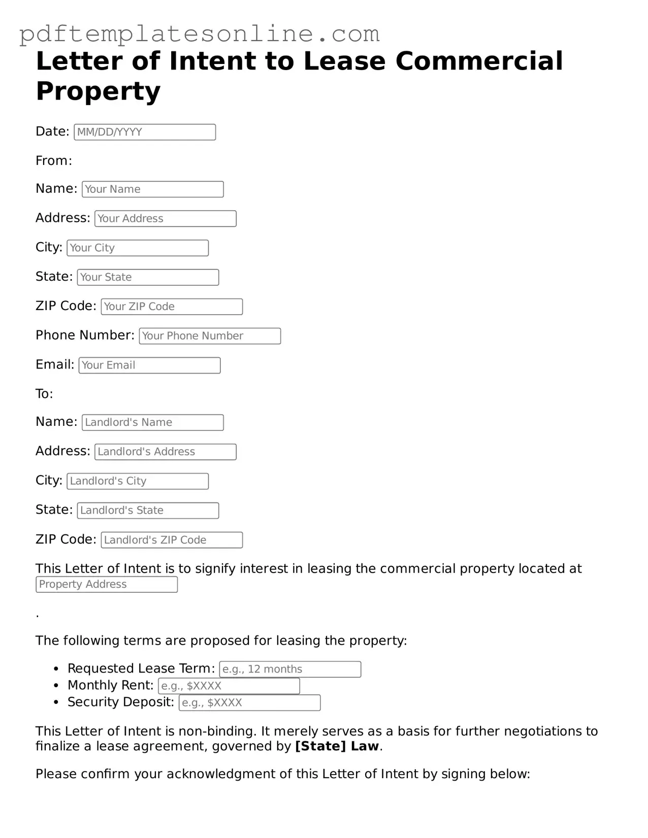 Fillable Letter of Intent to Lease Commercial Property Document