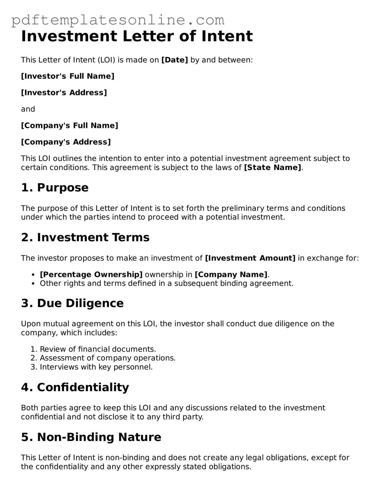 Fillable Investment Letter of Intent Document