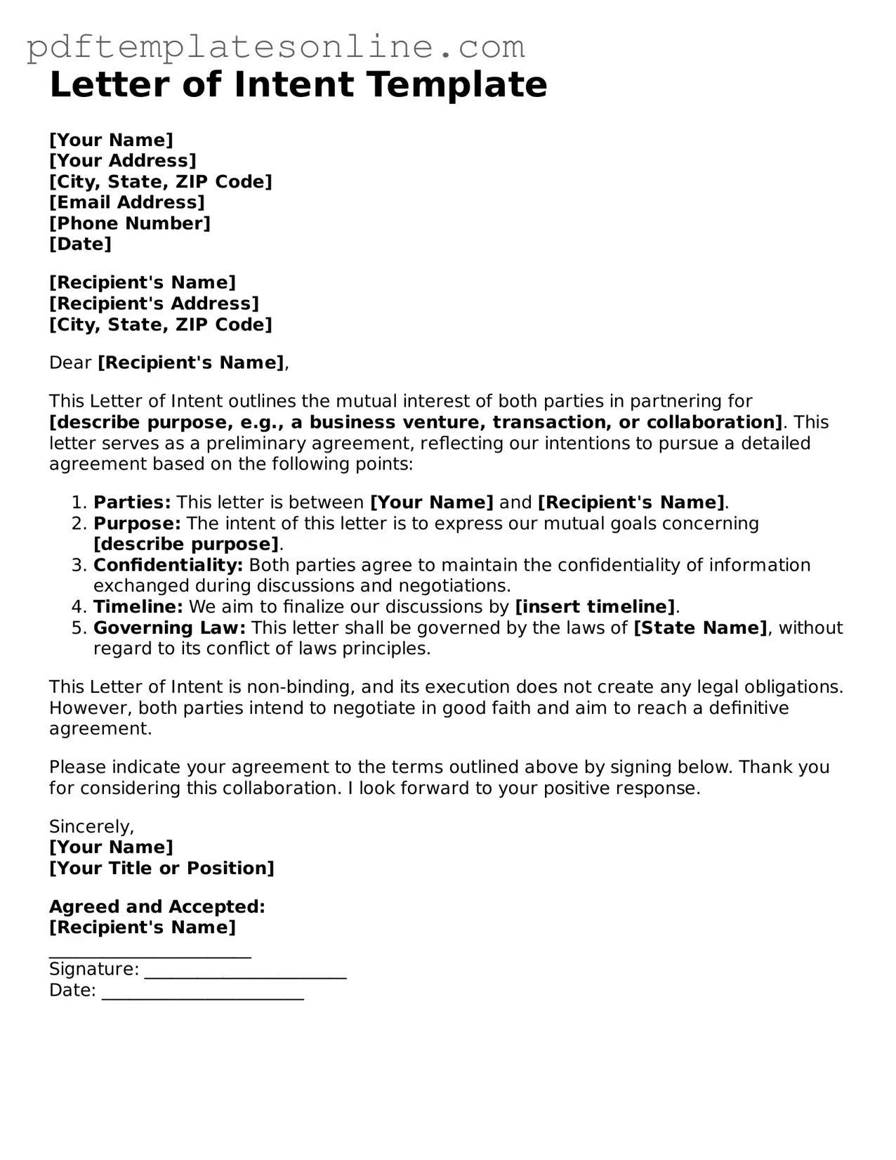 Fillable Letter of Intent Document