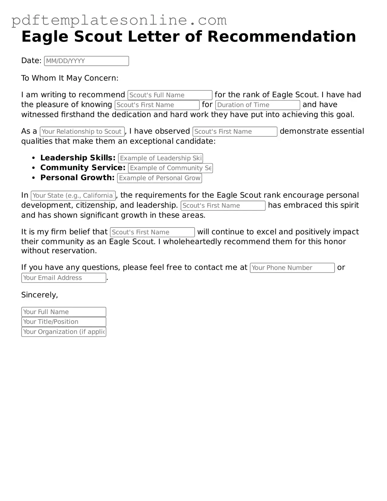 Fillable Eagle Scout Letter of Recommendation Document