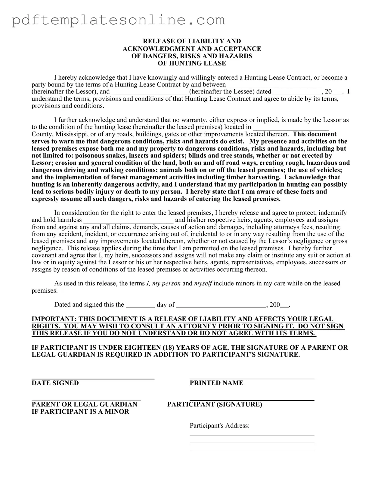 Blank Liability Hunting Form