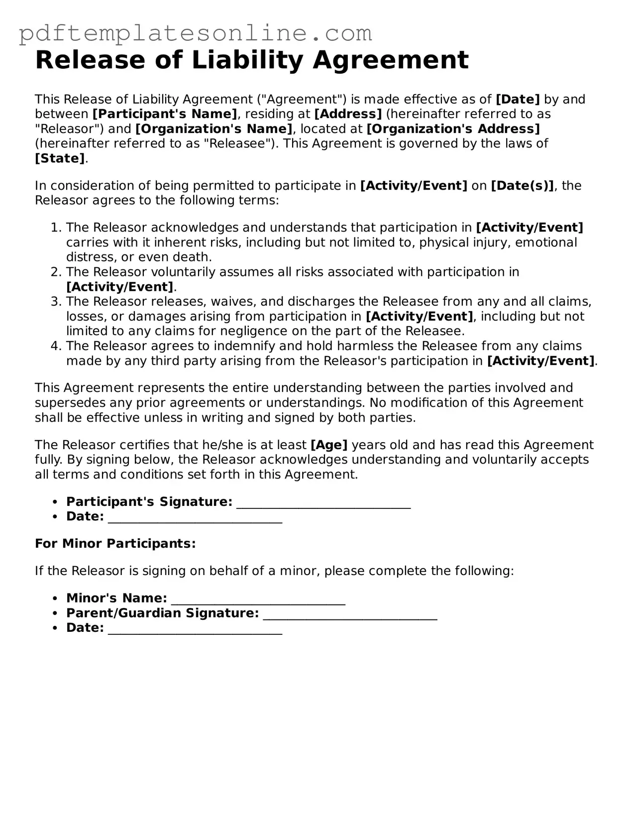 Fillable Release of Liability Document