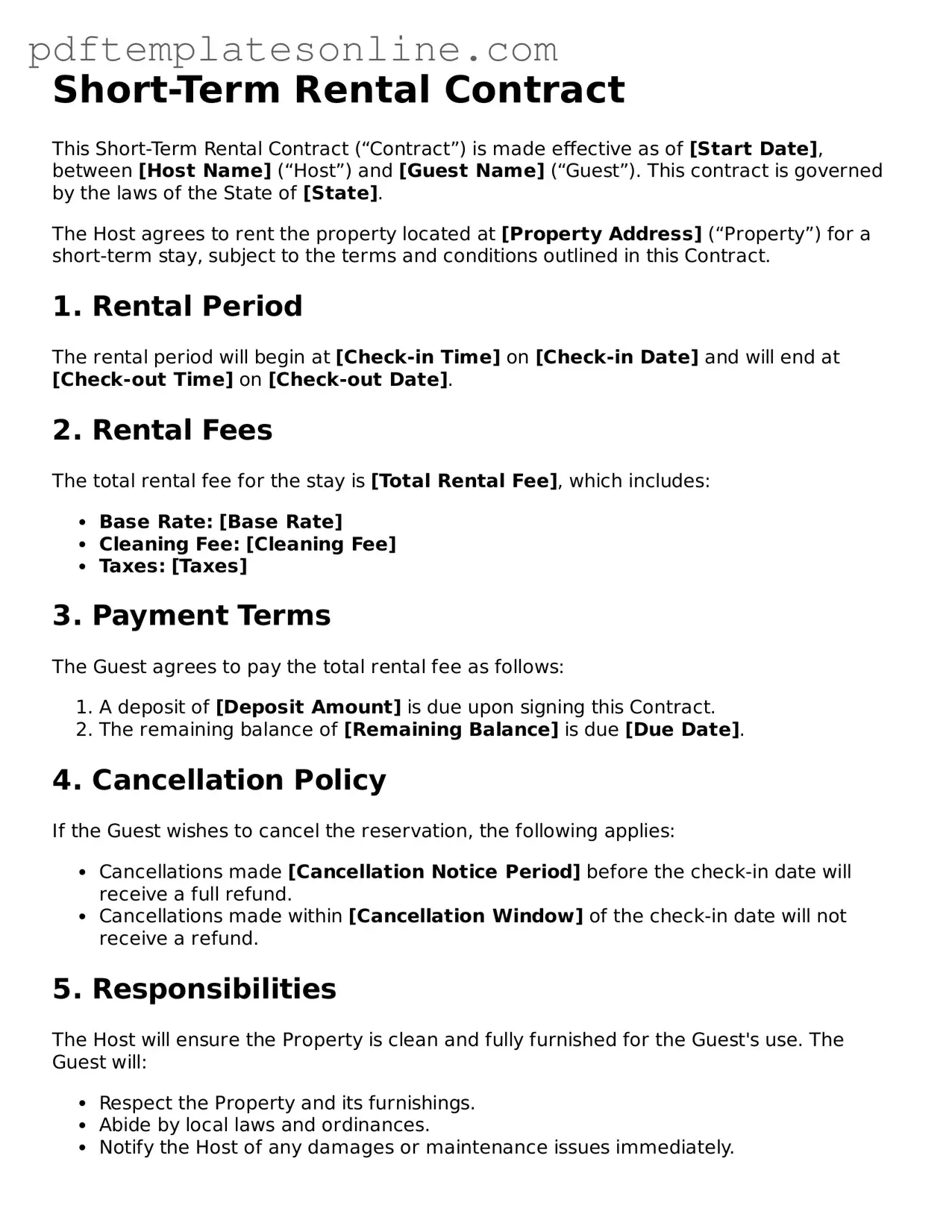 Fillable Short-Term Rental Contract Document