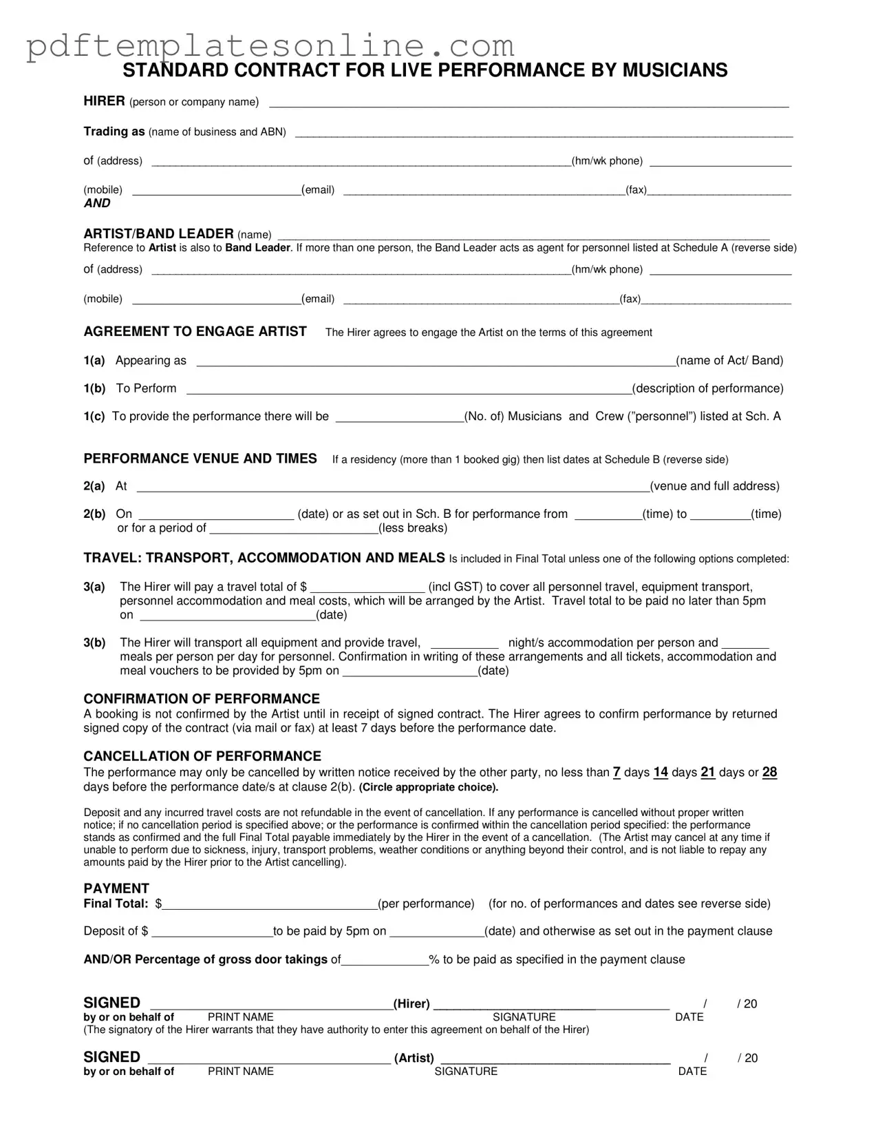 Blank Live Performance Contract Form