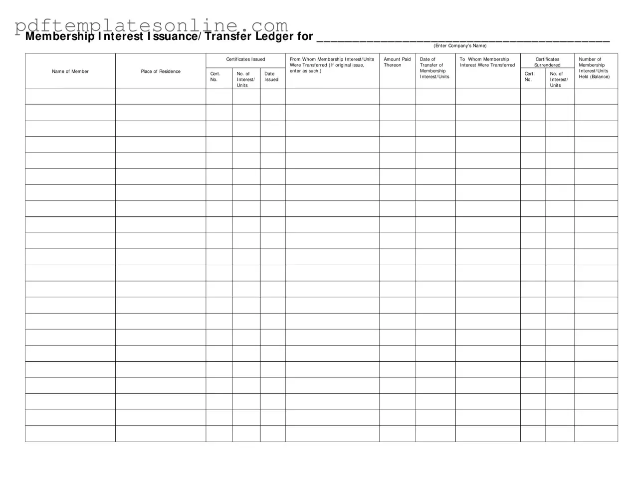 Blank Membership Ledger Form