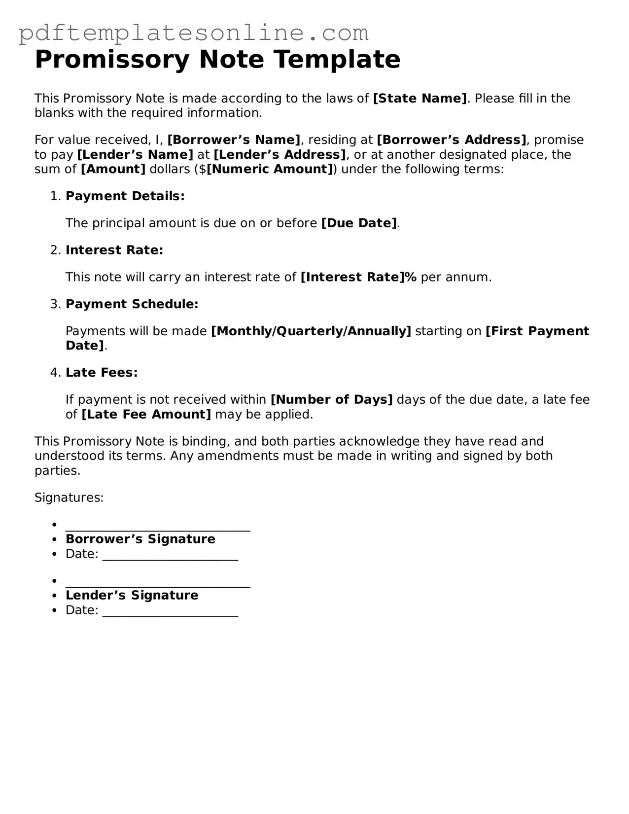Fillable Promissory Note Document