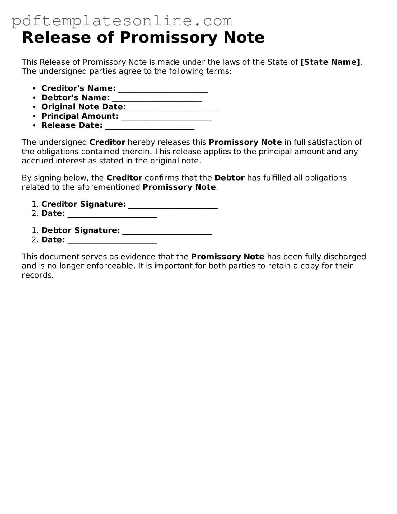 Fillable Release of Promissory Note Document