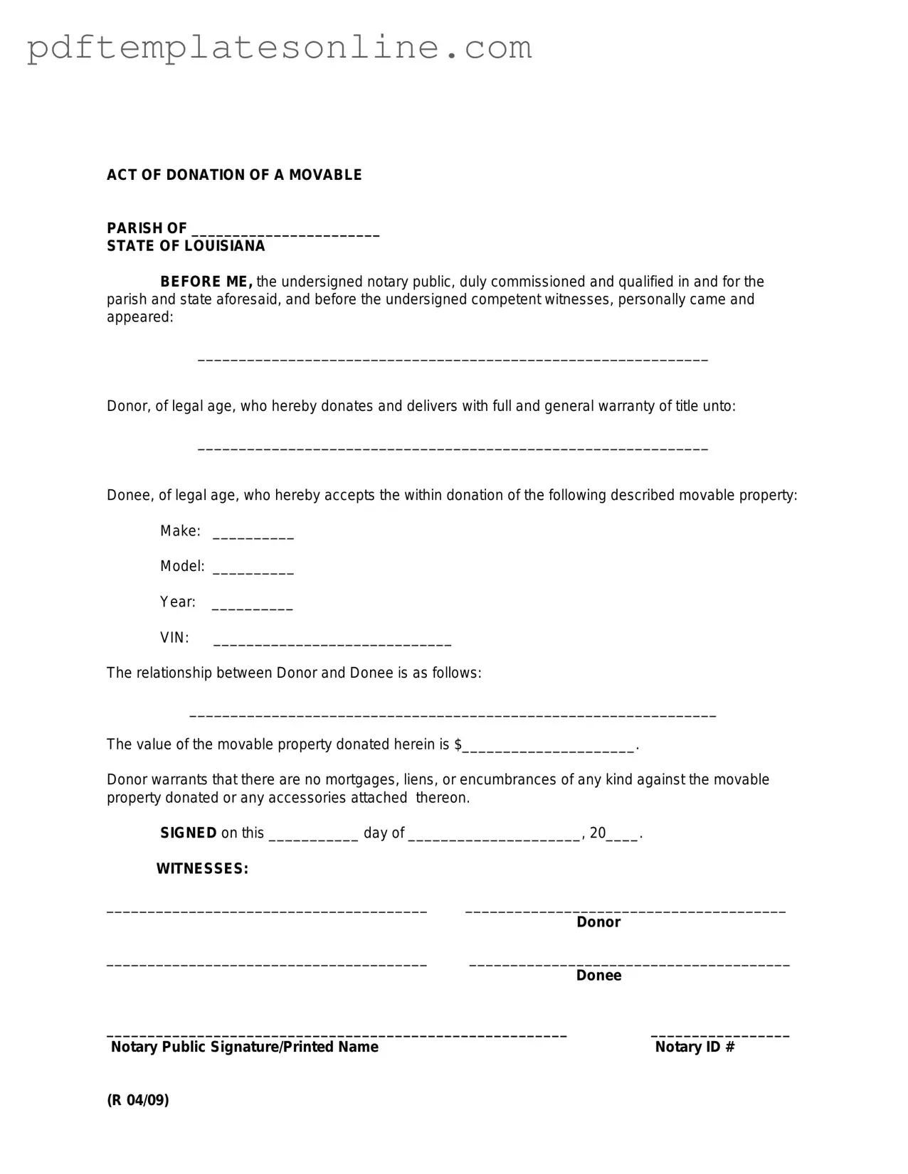 Blank Louisiana act of donation Form