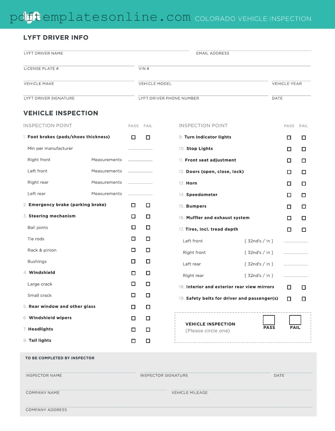 Blank Lyft Inspection Form