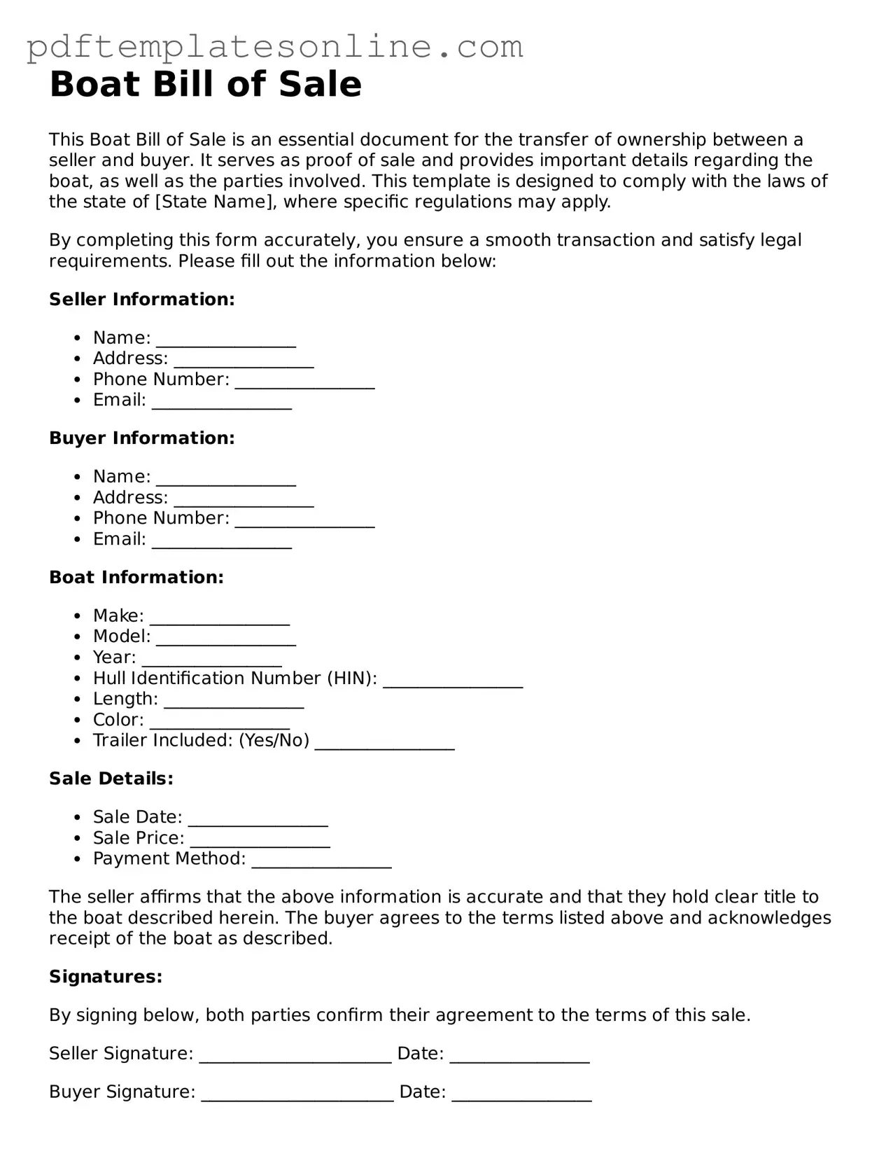 Fillable Boat Bill of Sale Document