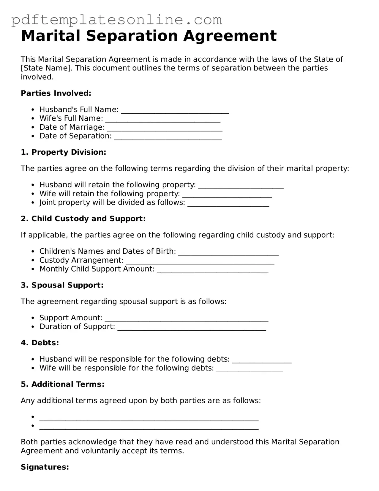Fillable Marital Separation Agreement Document