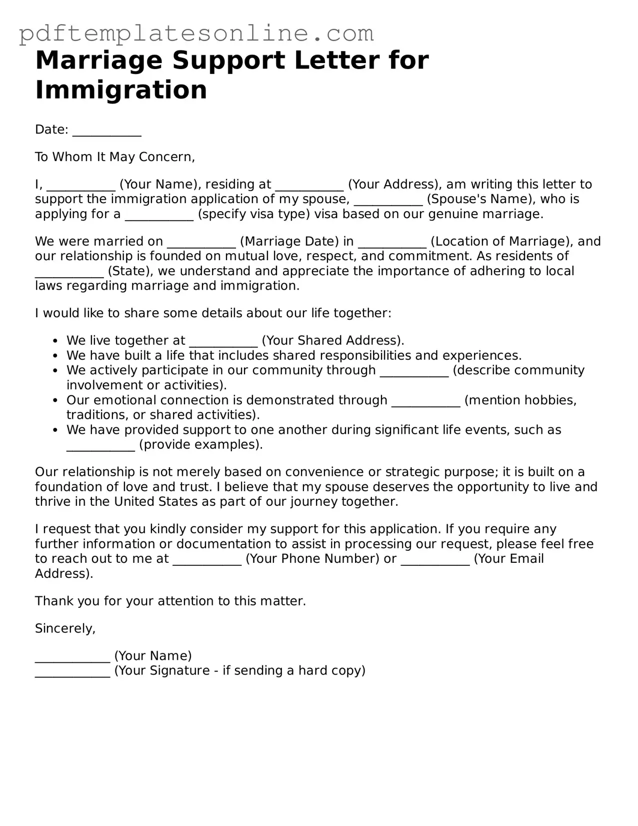 Fillable Marriage Support Letter for Immigration Document
