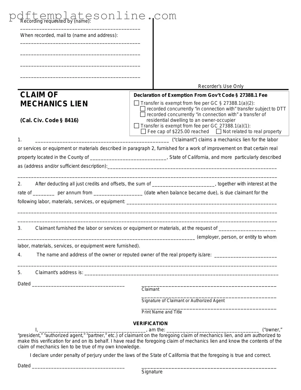Blank Mechanics Lien California Form