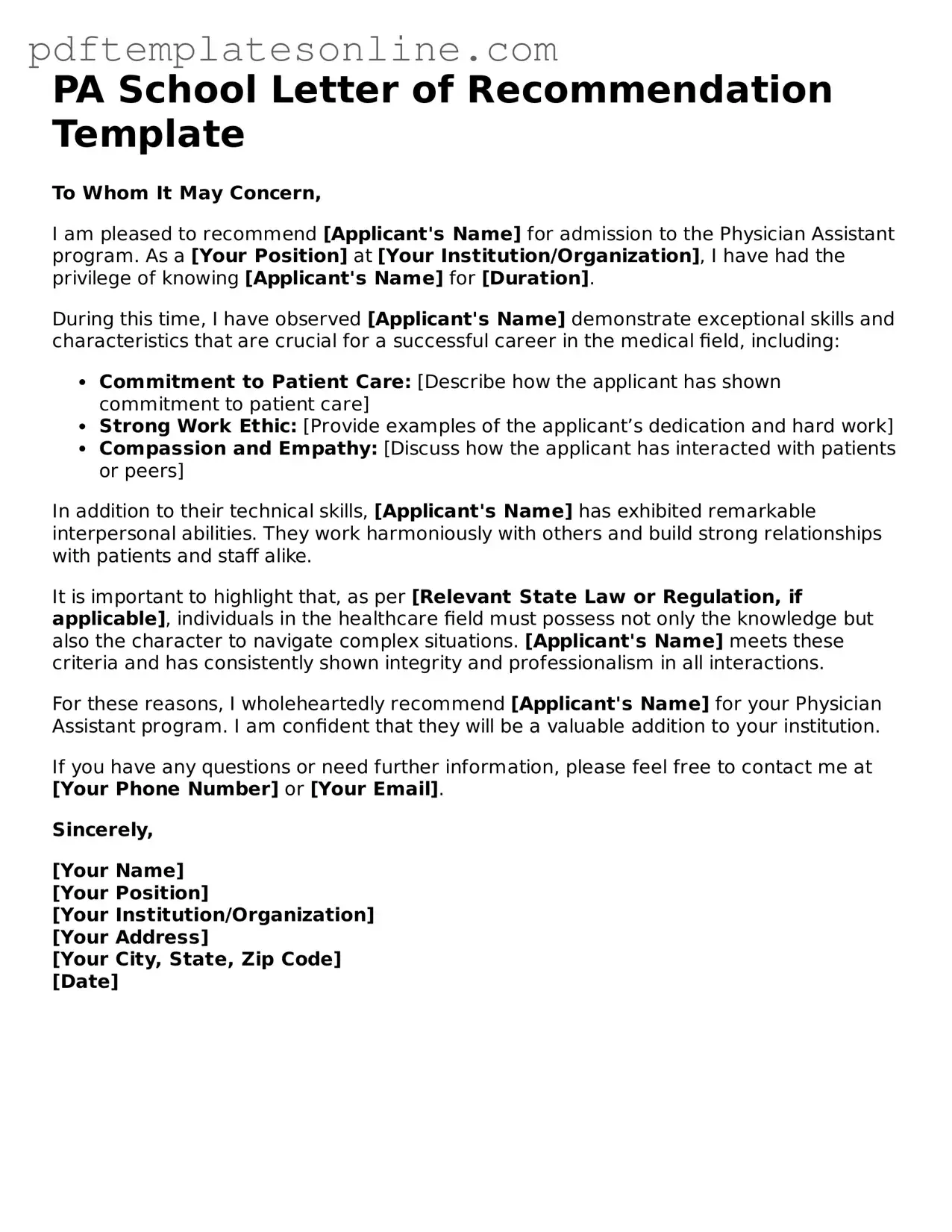 Fillable PA School Letter of Recommendation Document