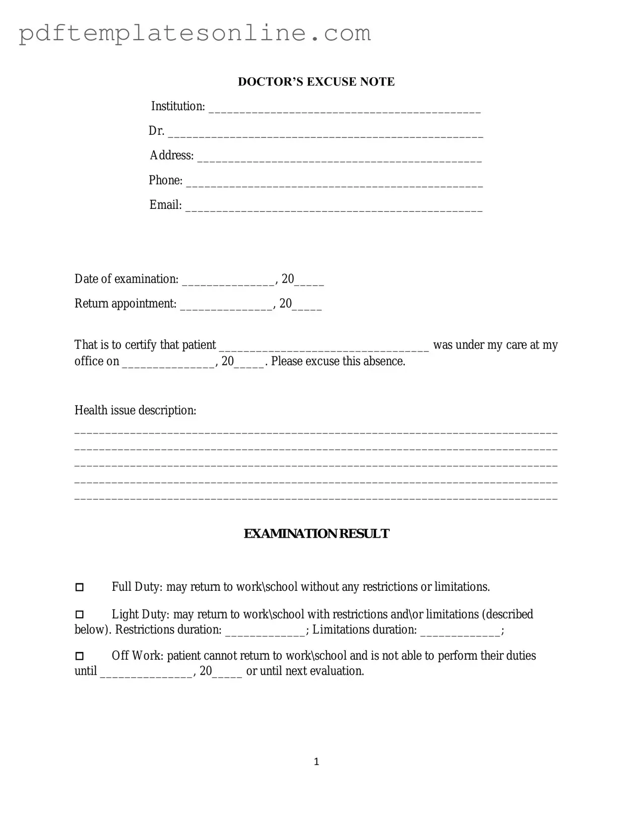 Blank Doctors Excuse Note Form