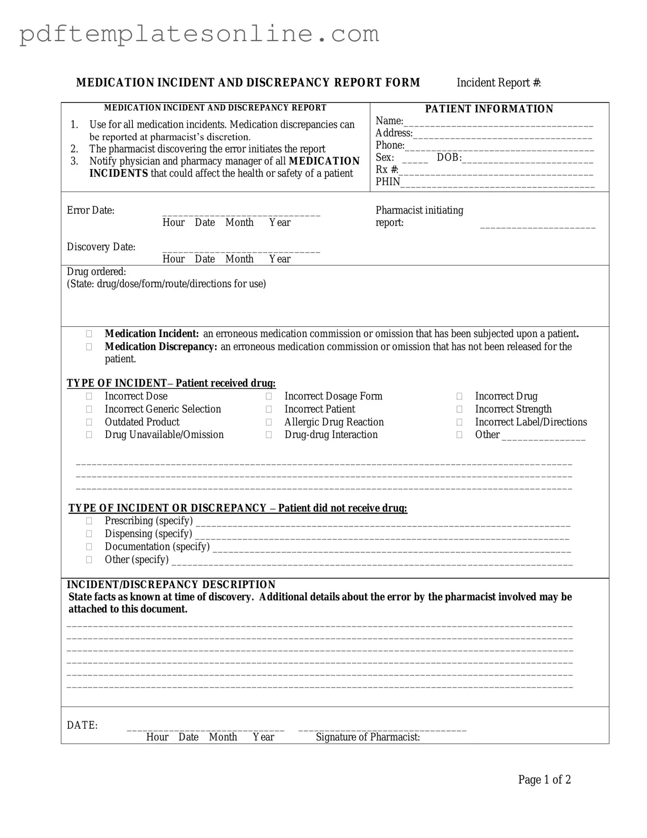Blank Medication Error Form