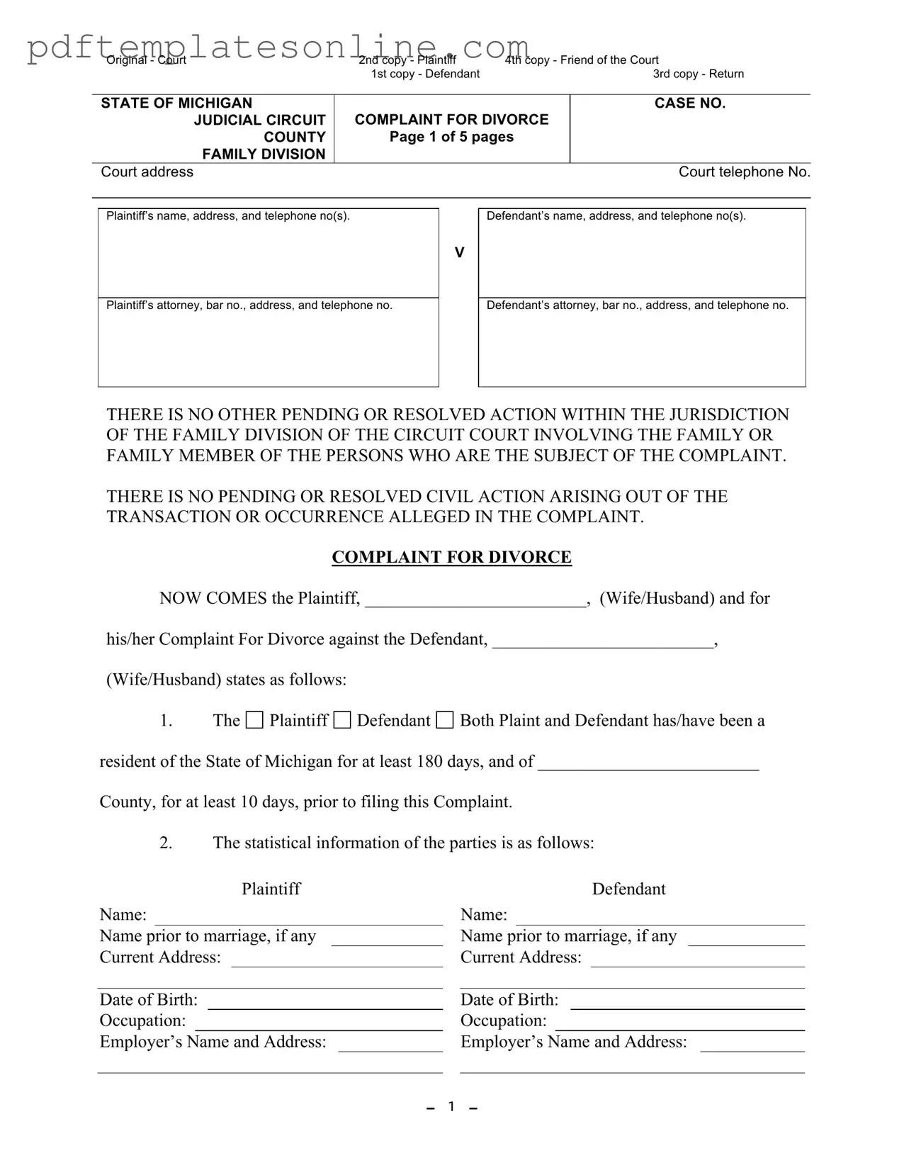 Blank Michigan Complaint Divorce Form