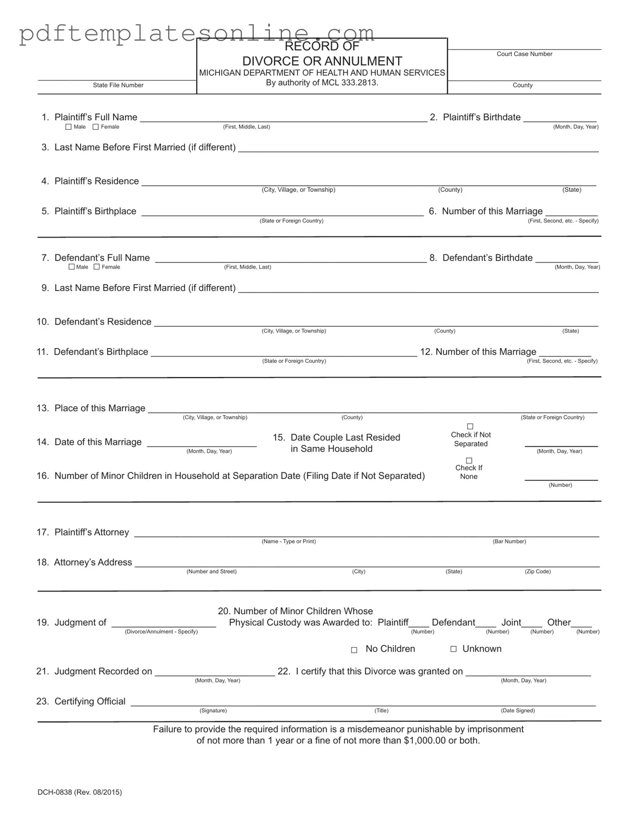 Blank Michigan Dch 0838 Form