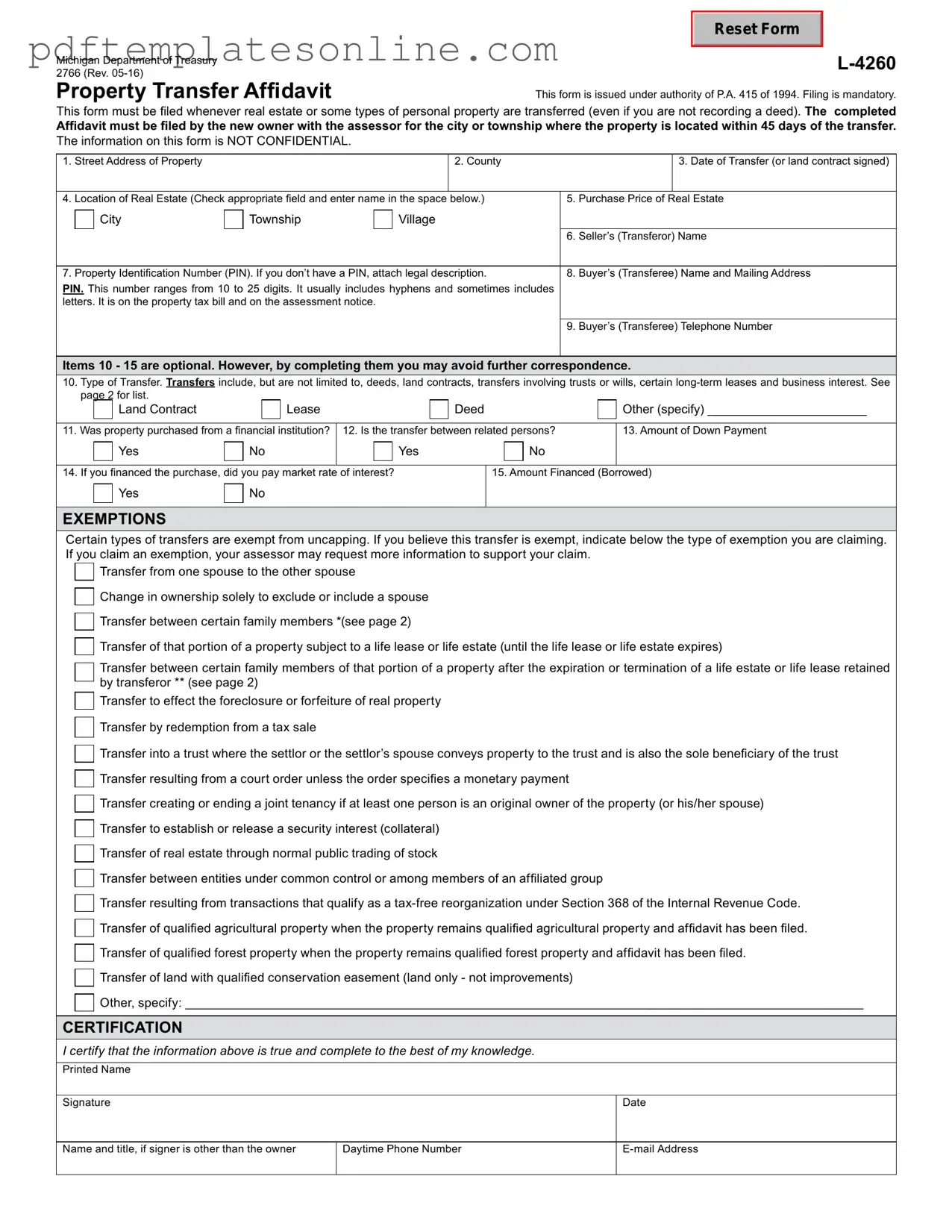 Blank Michigan Property Transfer Affidavit 2766 Form