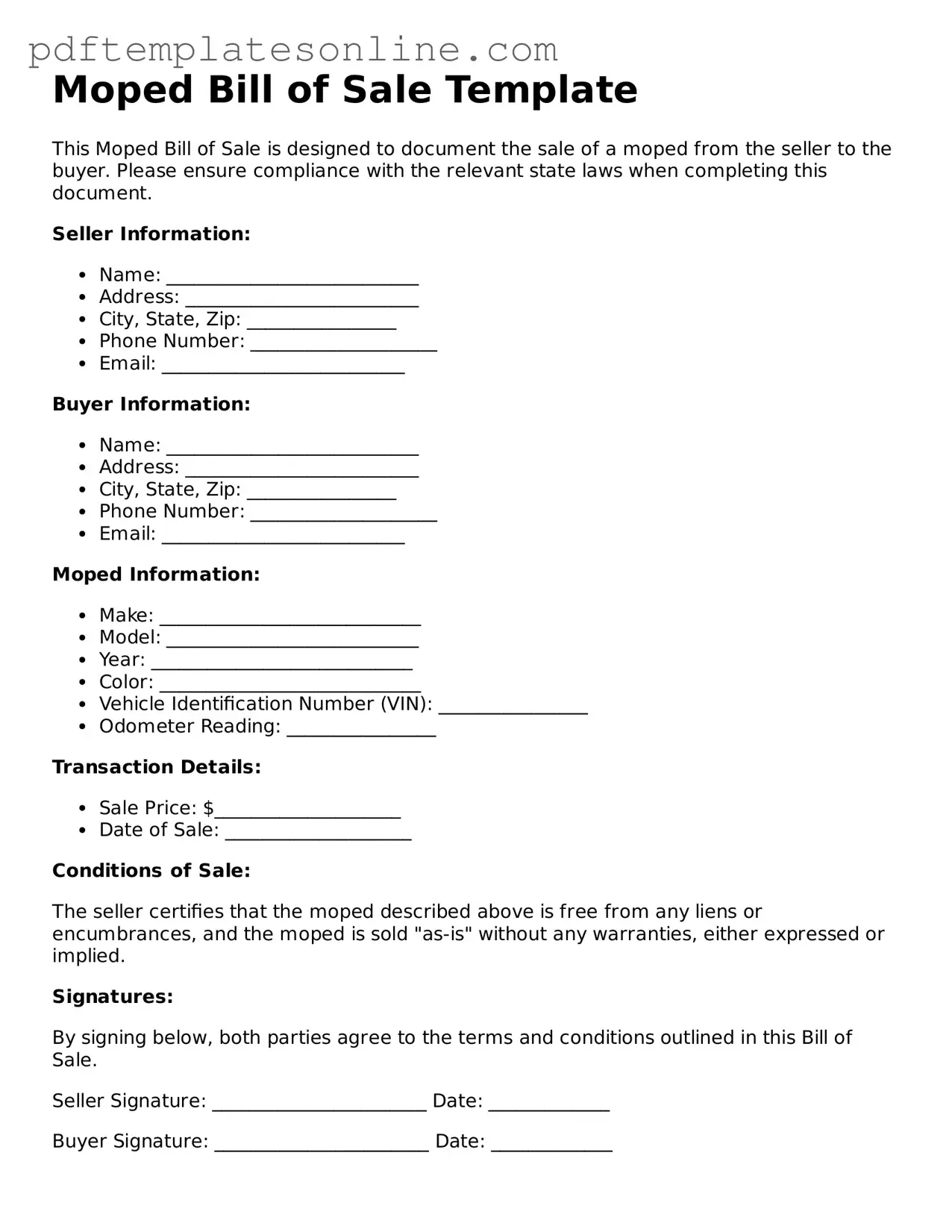 Fillable Moped Bill of Sale Document