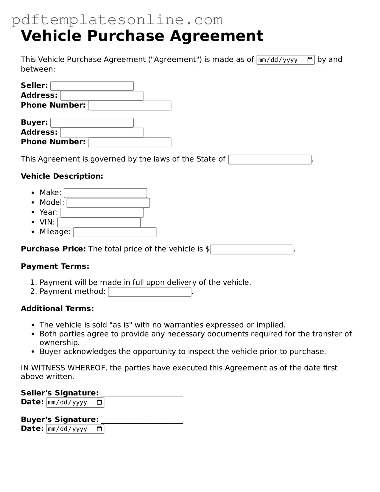 Fillable Vehicle Purchase Agreement Document