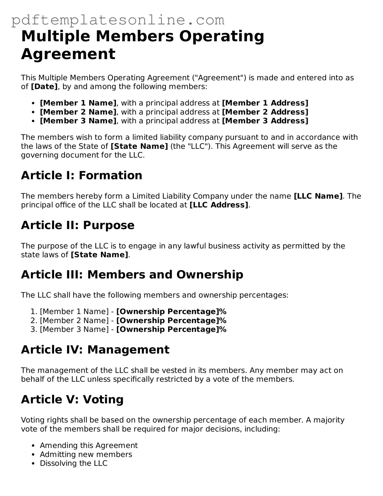 Fillable Multiple Members Operating Agreement Document